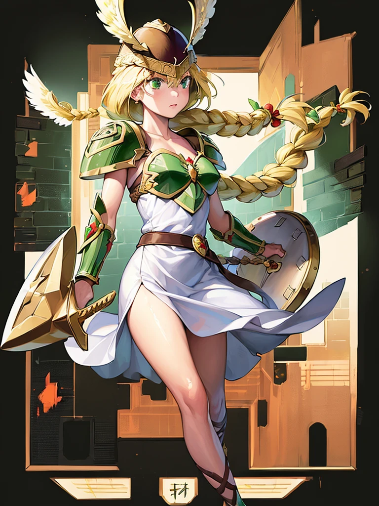 masterpiece,best quality,(1girl:1.5), 18yo, beautiful girl,BREAK,(Armor:1.8),(Helmet with wings:1.7),(Beautiful blonde,braid,Green Eyes:1.5),BREAK,(White Dress,white panties:1.4),BREAK,(blush:1.5), (blue sky:1.2),(Running on clouds:1.3),(move chart:1.3),(fly in the sky:1.5)