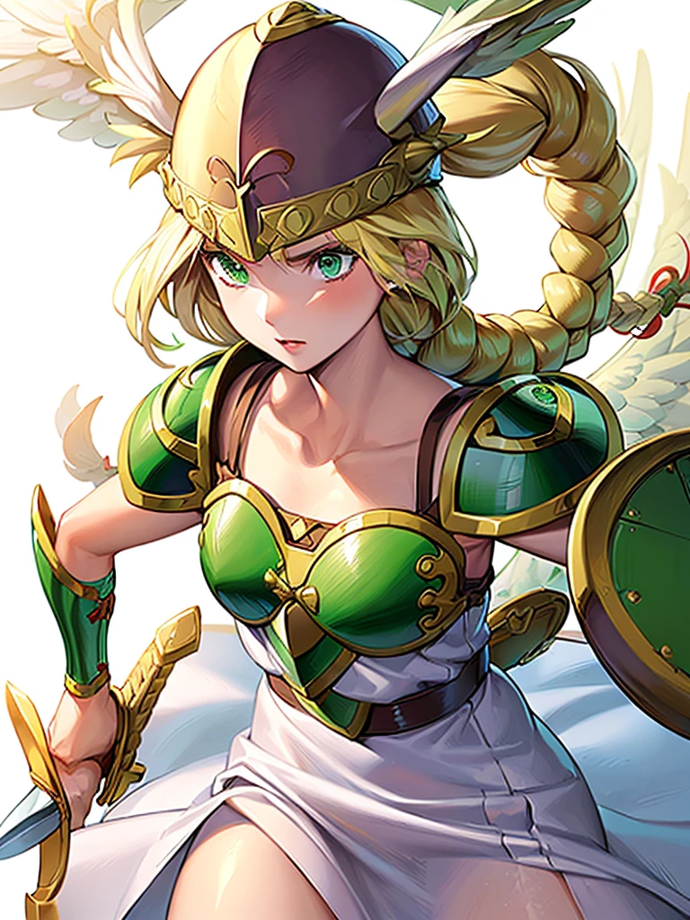 (White background,1girl:1.4),masterpiece,best quality,18yo, beautiful girl,BREAK,(sword,shield,Armor:1.5),(Helmet with wings:1.4),(Beautiful blonde,braid,Green Eyes:1.5),BREAK,(White Dress:1.3),(move chart:1.3),