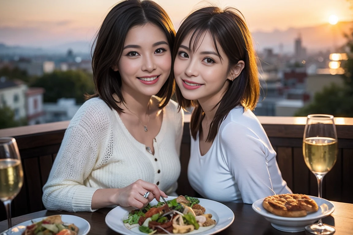 (Realistic:1.1),(masterpiece,Highest quality),8k,(49 years old), 47 years old, slimカップル、Model Couple、actress/actor、Tight waist,Upper Body,full-course dinner、wine 、Amazing view of the sunset sky and clouds、Perfect Anatomy, Brown Hair, short hair,Random Hairstyles,((Highly detailed face and eyes:1.2))(cute顔:1.4),美しいactressの顔,Perfect golden ratio face,Long sleeve shirt、dress,(smile:1.2)、Shortcuts、cute、(Realistic, Intricate details:1.2), A bright smile、short hair,Bright Face、赤wine 、Appetizers、Italian food、wine bottle、Champagne、スパークリングwine、(slimな顔), (The body is slim), (Brown Hair), (Shortcuts), Upper Body, 白wine, slim, wineグラス,