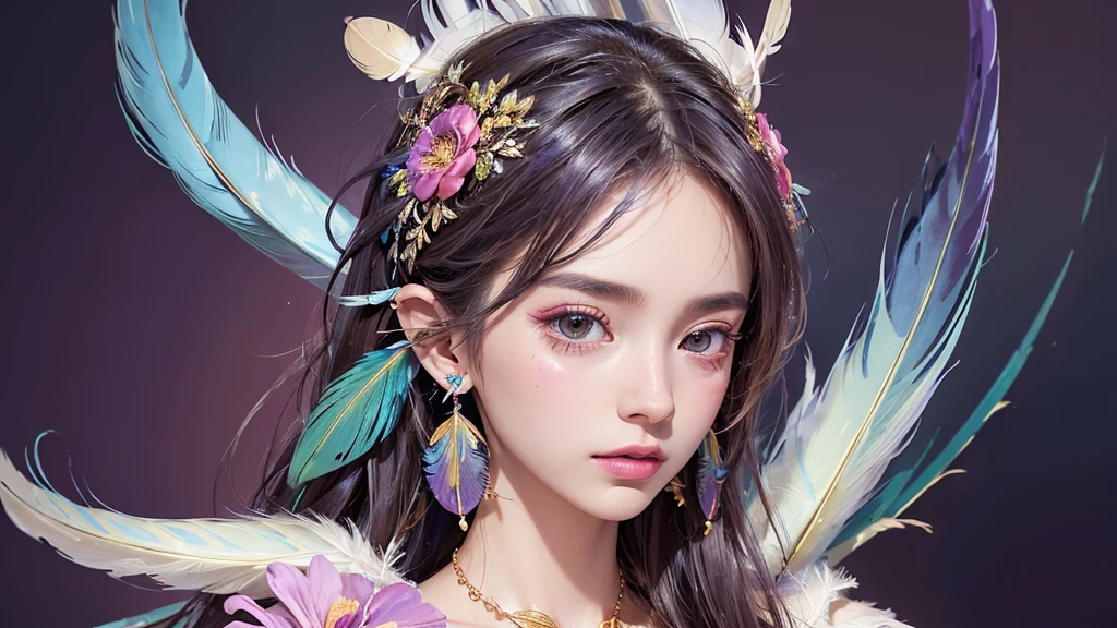 32K, 最高quality, 最高masterpiece, (ultra-Detailed Background, Detailed Background), Absurd, High resolution, Super detailed, Very detailedな, One girl, (bouquet:1.3), (Tangled:1.2), (Geometric:1.2),(colorful),(masterpiece, quality, best quality, Official Art, Beautiful and beautiful:1.2), (1 girl:1.3), Very detailed,(colorful:1.1)(Flowers:1.3),Most detailed,(Tangled:1.2), whole body, (Abstract background:1.3), (Skin glows), (Many colors:1.4), ,(Earrings Feather:1.5), Pale Purple Background,