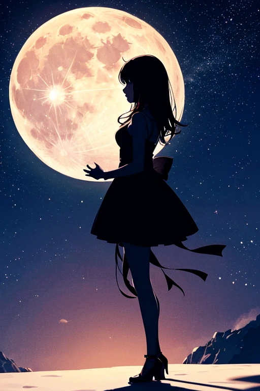 Highest quality,Big moon and shadow,A silhouette of a person can be seen against the backdrop of a large moon.,There is one full moon,There is a mood,Beautiful scenery,Starry Sky