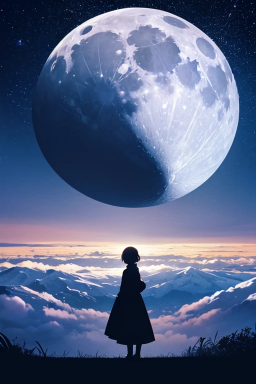 Highest quality,Big moon and shadow,A silhouette of a person can be seen against the backdrop of a large moon.,There is one full moon,There is a mood,Beautiful scenery,Starry Sky