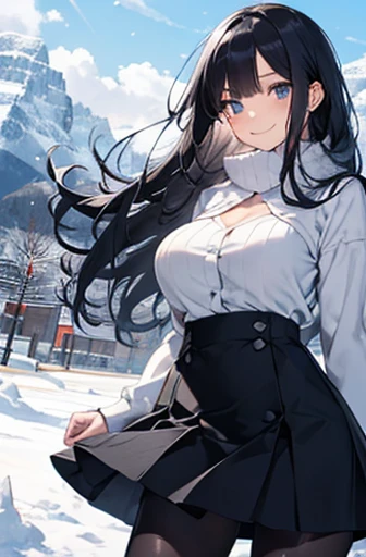 （Cute older sister:1.3）、Long eyelashes、smile,Spring atmosphere、noon、Aggressive、((Strong winds))、Black Pantyhose、Shining Eyes、Beautiful Mountain々、snow,Big Breasts、Long black hair,Big Breasts
