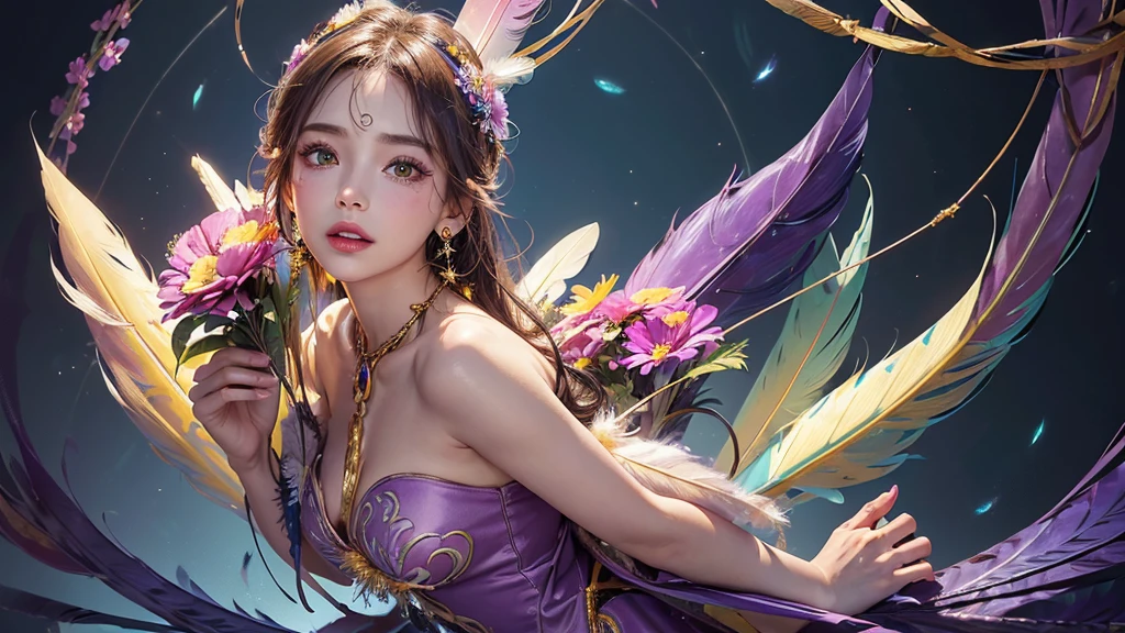 32K, 最高quality, 最高masterpiece, (ultra-Detailed Background, Detailed Background), Absurd, High resolution, Super detailed, Very detailedな, One girl, (bouquet:1.3), (Tangled:1.2), (Geometric:1.2),(colorful),(masterpiece, quality, best quality, Official Art, Beautiful and beautiful:1.2), (1 girl:1.3), Very detailed,(colorful:1.1)(Flowers:1.3),Most detailed,(Tangled:1.2), whole body, (Abstract background:1.3), (Skin glows), (Many colors:1.4), ,(Earrings Feather:1.5), Pale Purple Background,