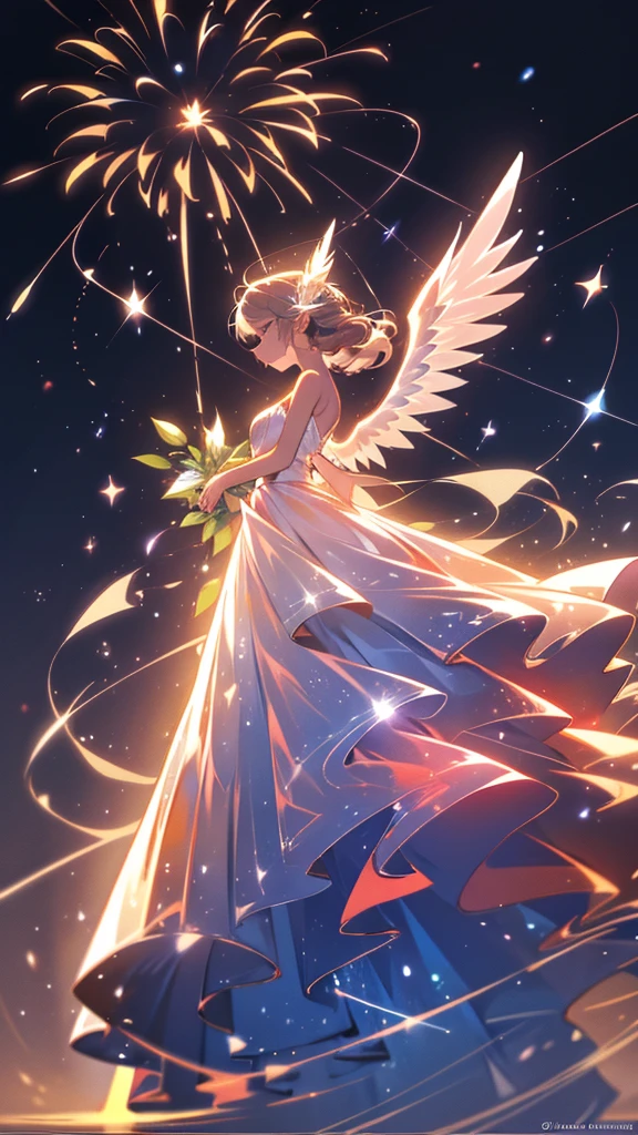 An illustration of an angel with large, outspread wings, surrounded by fireworks. Each spark of the fireworks should be depicted in delicate detail. The angel should be portrayed beautifully and ethereally, with an emphasis on light and radiance. The wings should be grand and majestic, adding to the angel's ethereal presence. The overall scene should be vibrant and visually stunning, capturing the awe-inspiring beauty of the fireworks and the angel. The image should be of the highest quality, creating a masterpiece that highlights the fantasy and luminosity of the moment.