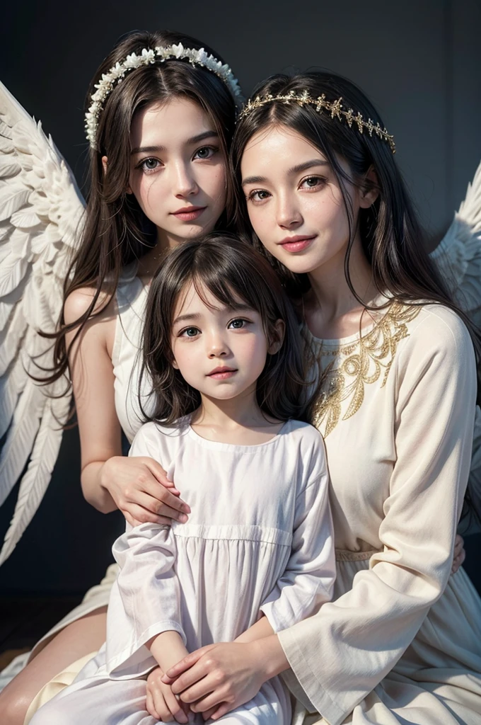 .
The angel on the left is the father, with a warm smile and kind eyes. He has dark hair and a well-defined beard.. He wears a white robe with gold edges and white wings with soft feathers..
Next to the father is the older sister, with a sweet smile and bright eyes. He has long dark hair, and a pale pink tunic with floral details. Its wings are slightly smaller than those of the father, but equally majestic.
The younger sister is next to the older sister, with a playful expression and smiling eyes. He has short curly hair, and a sky blue tunic with tiny stars. Their wings are smaller and more delicate, with feathers soft as silk.
The mother is on the right, with a loving smile and compassionate eyes. He has long and wavy hair, and a white tunic with silver details. His wings are strong and majestic, with feathers that shine like gold.
In the center of the image, surrounded by protective angels, Victor Alejandro is located, the surviving son. He looks serene and protected, surrounded by the love and light of his family.
.
