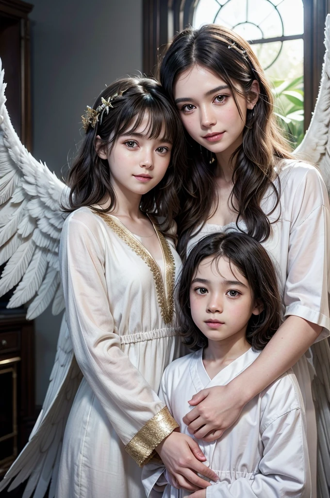 A tender girl with Chinese hair with angel wings next to a slightly smaller boy with angel wings and straight hair and next to a smaller boy (It is the smallest of the 3) with slightly wavy and straight brown hair with angel wings