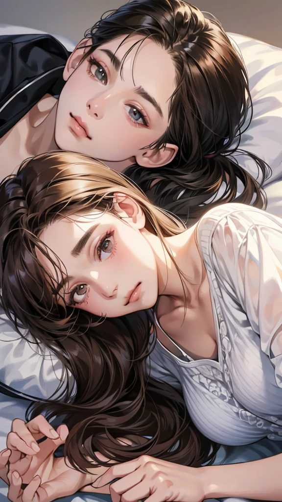 (masutepiece, Digital Art, Digital Illustration, 4K, 8K, Ultra-detailed, beautiful image, Sharp Image, Photorealistic, Raw photo, Perfect face, Perfect lines, Perfect eyes, Soft lighting) , a couple, 1 girl 1 boy, Hair color is different, Medium brown hair and brown eyes, Short black hair and gray eyes, Romance, Lie on the ground, Lip touch