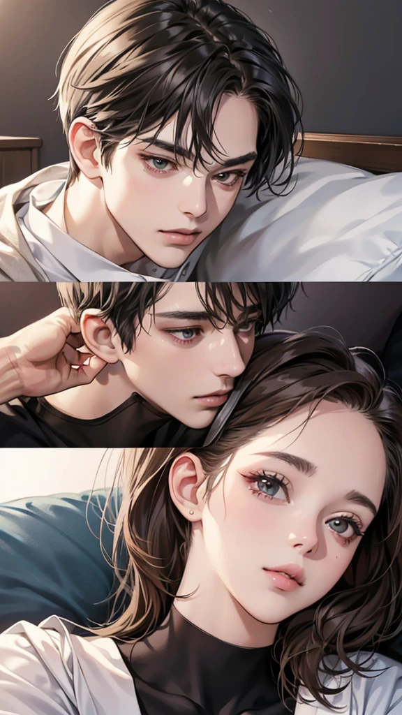 (masutepiece, Digital Art, Digital Illustration, 4K, 8K, Ultra-detailed, beautiful image, Sharp Image, Photorealistic, Raw photo, Perfect face, Perfect lines, Perfect eyes, Soft lighting) , a couple, 1 girl 1 boy, Hair color is different, Medium brown hair and brown eyes, Short black hair and gray eyes, Romance, Lie on the ground, Lip touch