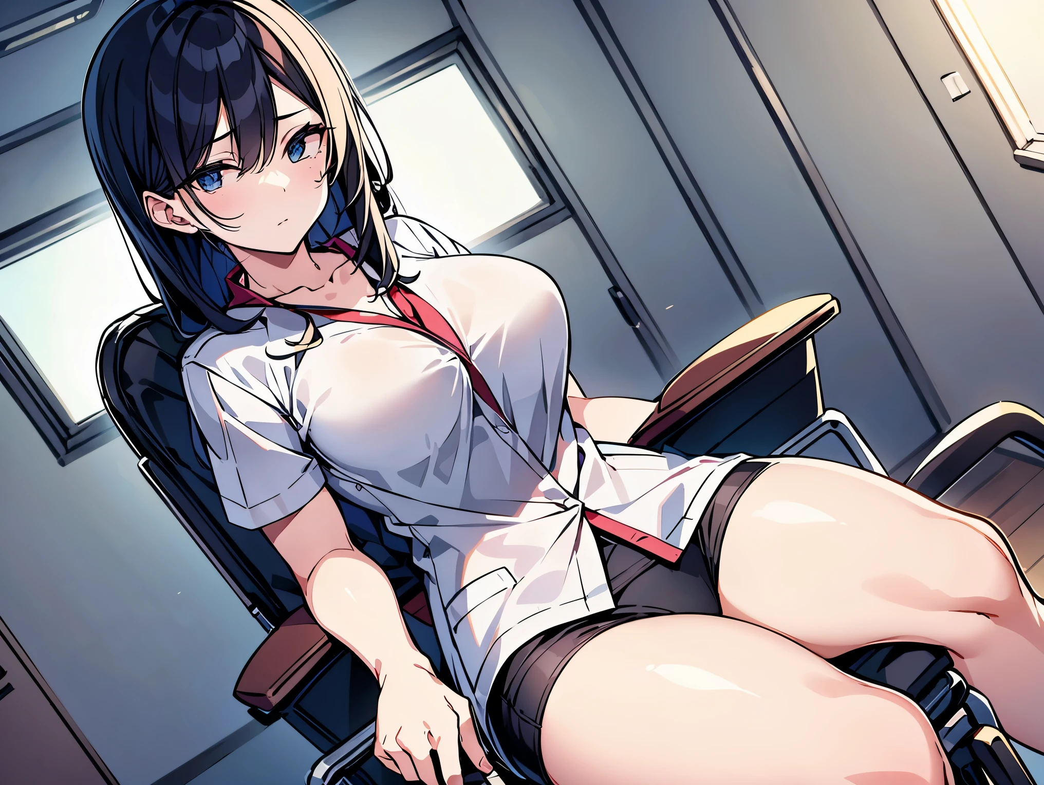 black hair, hair behind ear, straight hair, long hair, kamina shades, mole under eye, Social realism, ray tracing, cowboy shot, anatomically correct, textured skin, high details, high quality, best quality, super detail, 8k, Female doctor, white coat, hospital, Examination room, examining a patient, looking at a chart, (sitting cross-legged in a wheelchair), Black Stockings