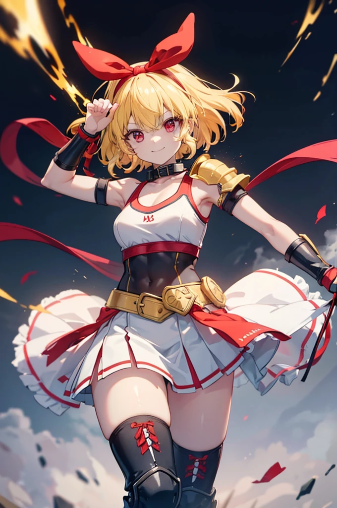 (RED Ribbon on HAIRband:1.2),A boyish female warrior with short yellow-white messy hair, wearing metal gauntlets, in a fighting stance, smiling, revealing clothing, small breasts, toned muscles, and a slender build  Electricity is emitted from both hands, sports bra type armor, armor from the waist to the knees, supple legs, black bangles on the upper arms, and a collar with a chain