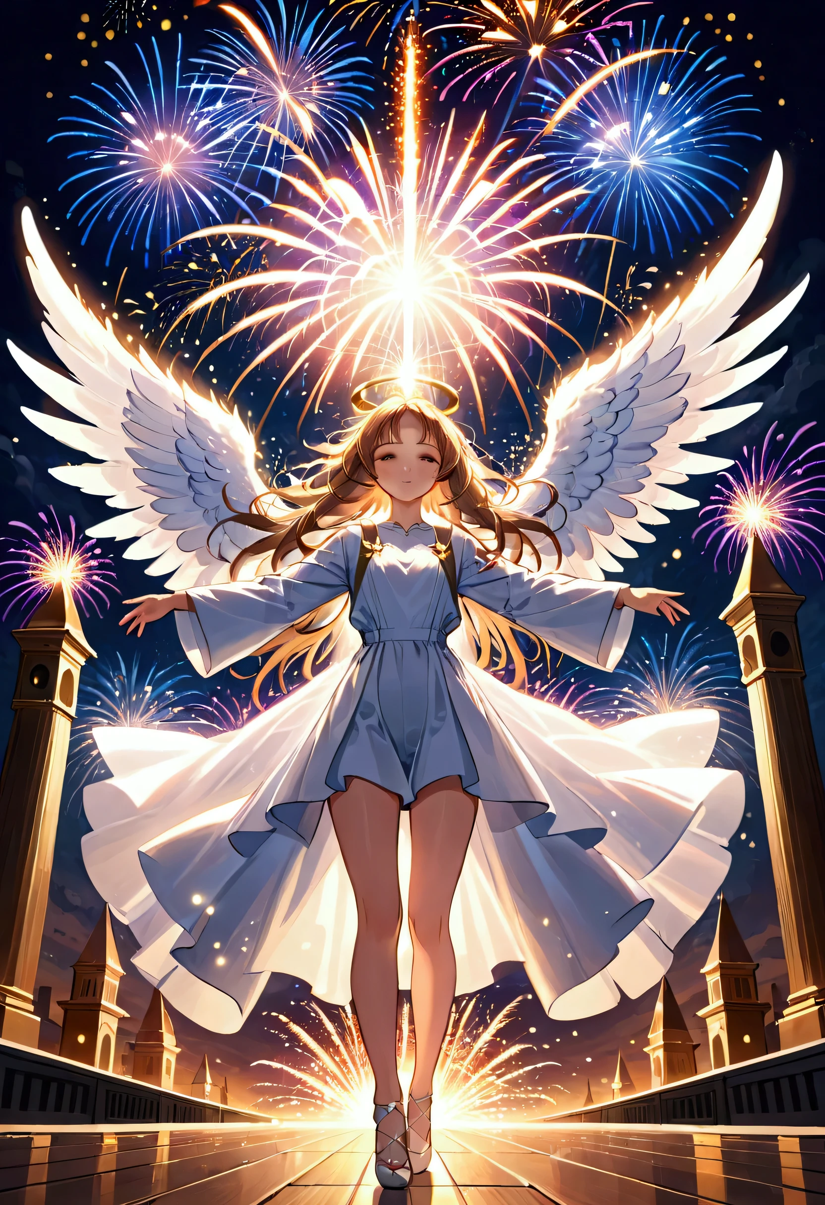 An illustration of an angel with large, outspread wings, surrounded by fireworks. Each spark of the fireworks should be depicted in delicate detail. The angel should be portrayed beautifully and ethereally, with an emphasis on light and radiance. The wings should be grand and majestic, adding to the angel's ethereal presence. The overall scene should be vibrant and visually stunning, capturing the awe-inspiring beauty of the fireworks and the angel. The image should be of the highest quality, creating a masterpiece that highlights the fantasy and luminosity of the moment.