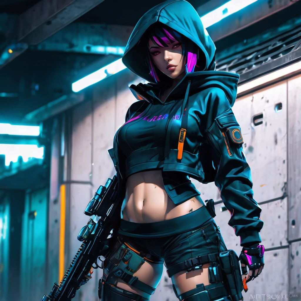 Delicate strong European girl with colored hair, sitting spread legs, wearing small tiny black silk thong, thigh high black socks, military neon boots, muscular, cyberpunk style, in a dark futuristic forest background