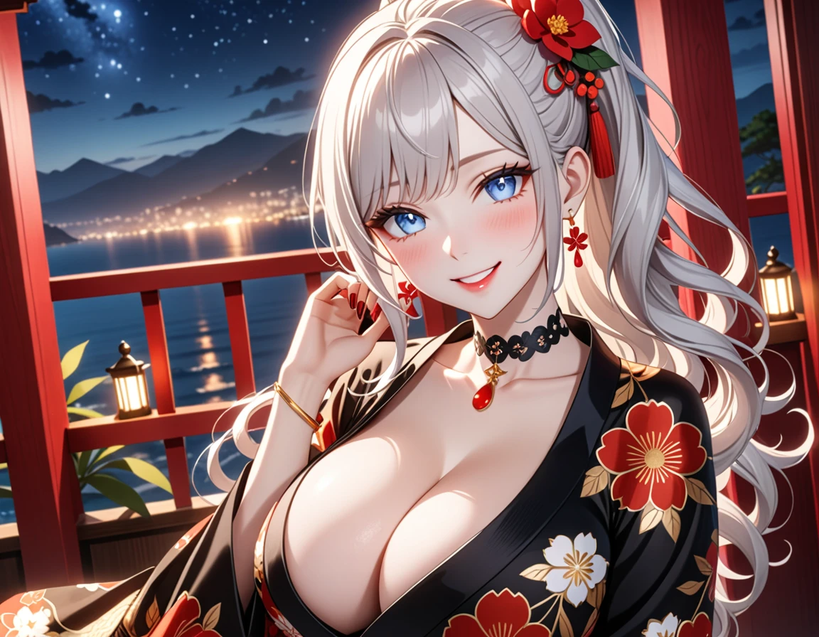 ultra-detailed, ((one girl)), (pale skin:1.5), fair-skinned gyaru, ((Girl in black kimono)), (heavy makeup), (professional lighting), hyper detailed, absurdres, 8k, Beautiful Face, (Laugh shyly), ((teasing smile:1.2)), ((happy smile:1.4)), ((Wink:1.4)), (Laugh with your mouth wide open),((Tilt your face:1.6)), View your viewers, ((full-face blush:1.4)), Glossy Red Lips, ((huge breasts:1.6)), ((She is undressed up to her shoulders, highlighting her cleavage.)), ((Her tattoo peeked through her kimono:1.2)), summer, night,Observatory with a view of the sea, ((Anime style background)),masterpiece, Highest quality, so beautiful,Latest, Complex details, ((red long nail:1.2)), (ring),(bracelet), (Floral Choker),AI-generated, Complex,High resolution, Highest quality, super high quality,3D Images、3D Images,One person, (Silver White hair),Long Hair, (White high ponytail), (wavy hair:1.3)), Anime woman posing for a photo, ((Eyes with detailed pupils、blue eyes、glowing eyes:1.3)), (Squint your eyes:1.1),a hyperRealistic , hyperRealistic , Realistic,Anime woman with long white hair, Smooth anime CG art, ((A girl in a gorgeous black kimono:1.2)), ((black furisode:1.3)),Gold embroidery, (Large floral pattern in red color), (sideboob), (Long red flower hair ornament),(big floral earrings), Mature Body, tall,Narrow waist, ((dutch angle:1.2)), ((model posing)), (extreme close-up shot),