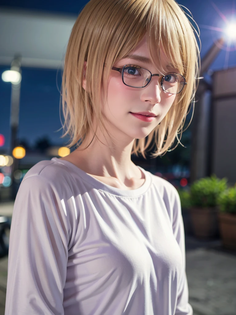 Japanese girl in casual clothes、Observe the audience、Tokyo night skyline、(Highest quality、masterpiece)))、HD Fine、Very detailed、masterpiece、Cinema Lighting、(8k、Highest quality、masterpiece:1.2)、(Realistic、Realistic:1.37) High resolution、Very detailedな、Woman wearing glasses、A look of silence、Round Glasses、Asian, cute, cute顔, alone,Blonde Short Hair 1.2, Textured skin, Beautiful smile, Beautifully detailed night sky, Night view, Cinema Lighting, Written boundary depth, Lens flare light、date、(Blushing your nose)、、(Mouth closed)Small breasts、A beautiful eye for detail、(sweater:1.1)、(Blonde Short Hair:1.2)、Floating Hair Nova Frog Style、