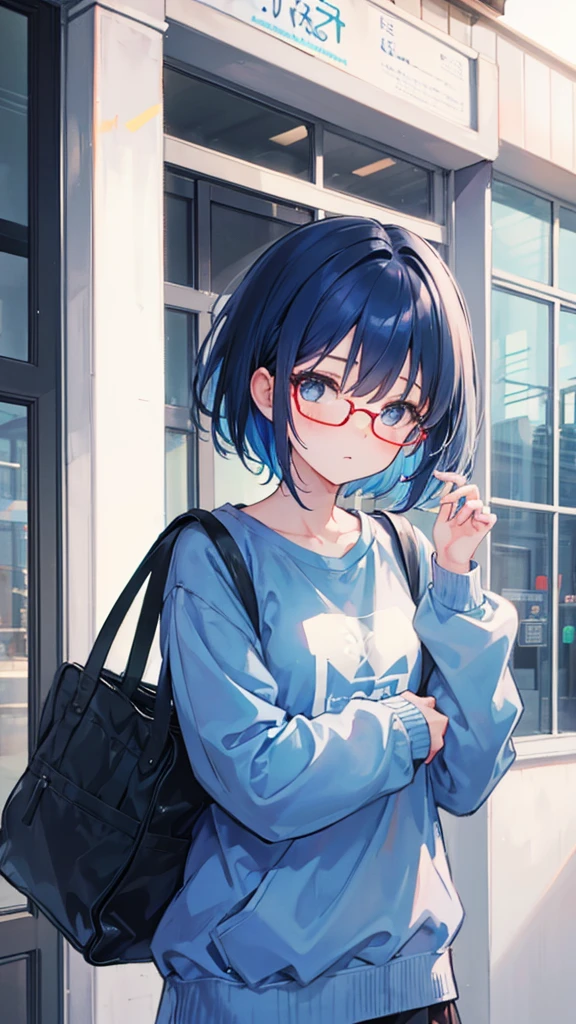 Girl with short dark soft blue 
 hair,Wearing a soft blue sweatshirt and red glasses