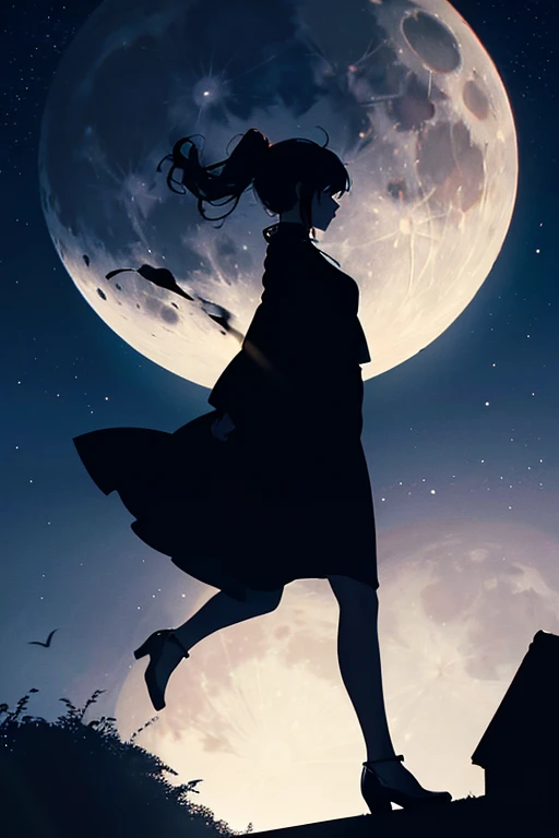Highest quality,Big moon and shadow,A silhouette of a person can be seen against the backdrop of a large moon.,There is one full moon,There is a mood,Beautiful scenery,Starry Sky