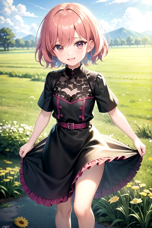 ((Highest quality)), ((masterpiece)), (detailed), One boy、Shota、smile、"god々A young 15-year-old boy、has pink hair、Standing on the grassland、It exudes a refreshing and youthful atmosphere.。He is the son of a hero and a demon king.、She has both innocence and charm.。その姿はgod々Successfully、A balance of strength and gentleness、Shota
