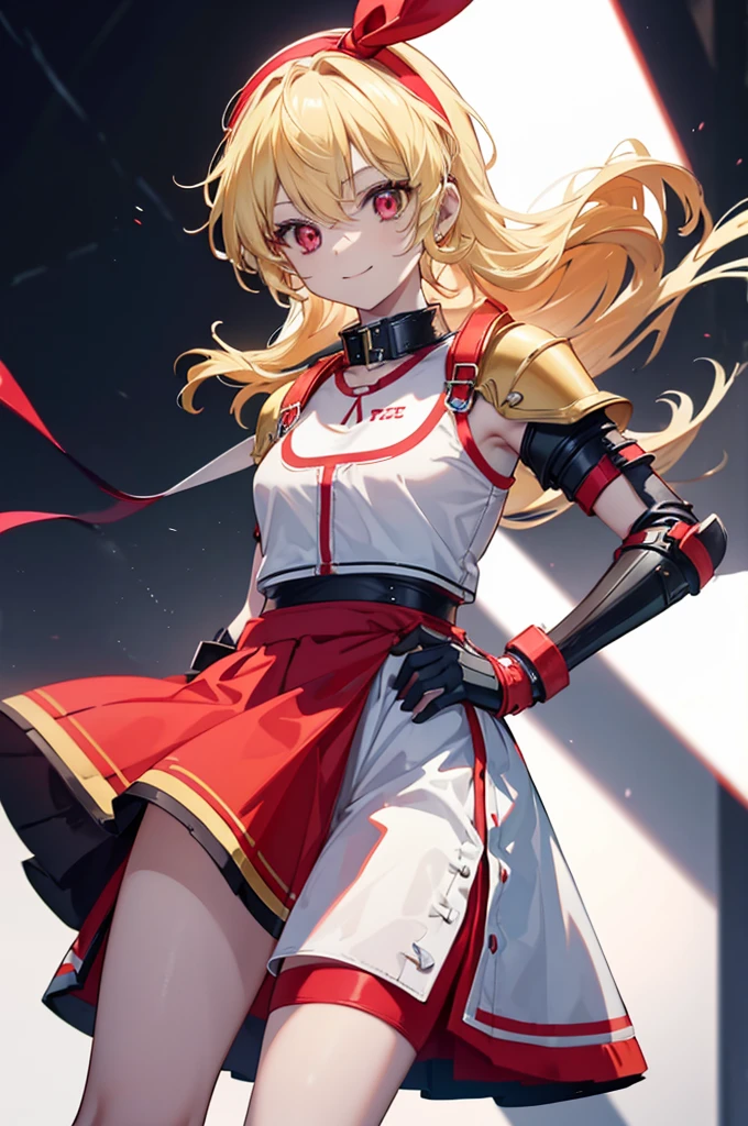 (RED Ribbon on HAIRband:1.2),A boyish female warrior with  yellow-white messy hair, wearing metal gauntlets, in a fighting stance, smiling, revealing clothing, small breasts, toned muscles, and a slender build  Electricity is emitted from both hands, sports bra type armor, armor from the waist to the knees, supple legs, black bangles on the upper arms, and a collar with a chain