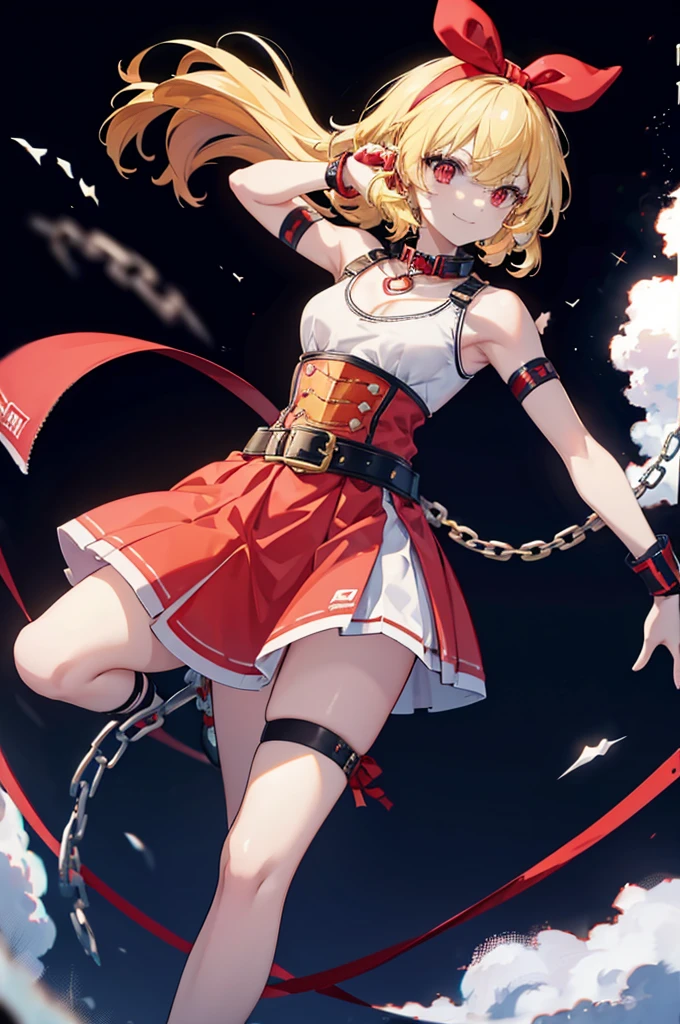 (RED Ribbon on HAIRband:1.2),A boyish female warrior with yellow-white messy hair, wearing metal gauntlets, in a fighting stance, smiling, revealing clothing, small breasts, toned muscles, and a slender build Electricity is emitted from both hands, sports bra type armor, armor from the waist to the knees, supple legs, black bangles on the upper arms, and a collar with a chain