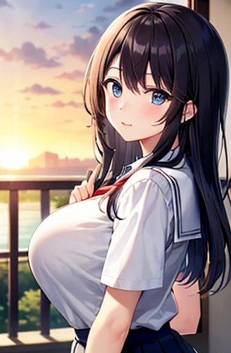 {masterpiece}, {Highest quality},1 girl,School_uniform,sunset,Big Breasts、Long black hair