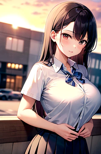 {masterpiece}, {Highest quality},1 girl,School_uniform,sunset,Big Breasts、Long black hair