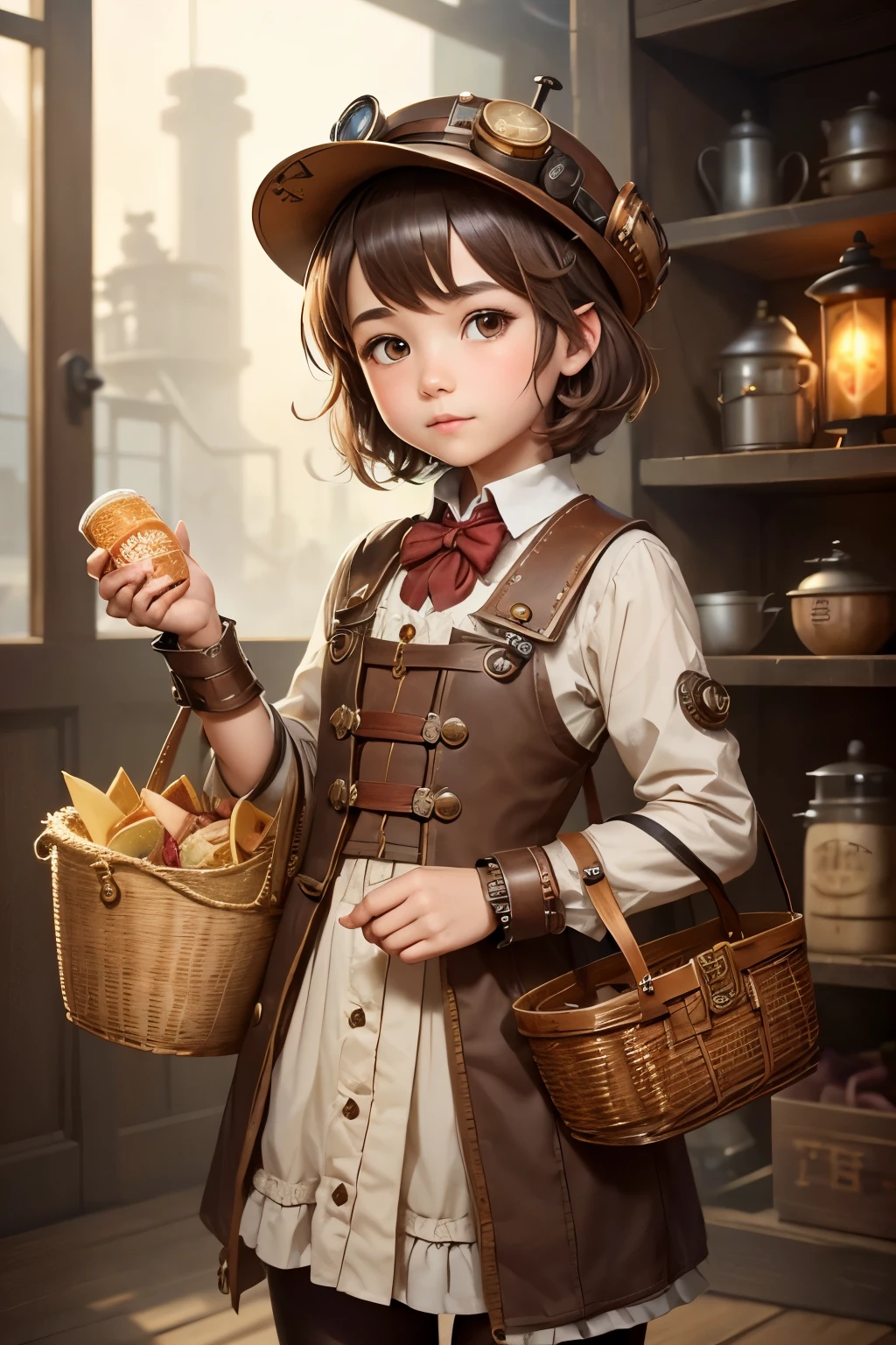 (Highest quality:1.2)。steampunkai。One Girl。 cute engineer。(Steampunk engineer hat)。Steampunk engineer outfit。Light brown fluffy short hair。holding a basket of sandwiches。See who&#39;s watching。Bright smile。The background is a brick factory。