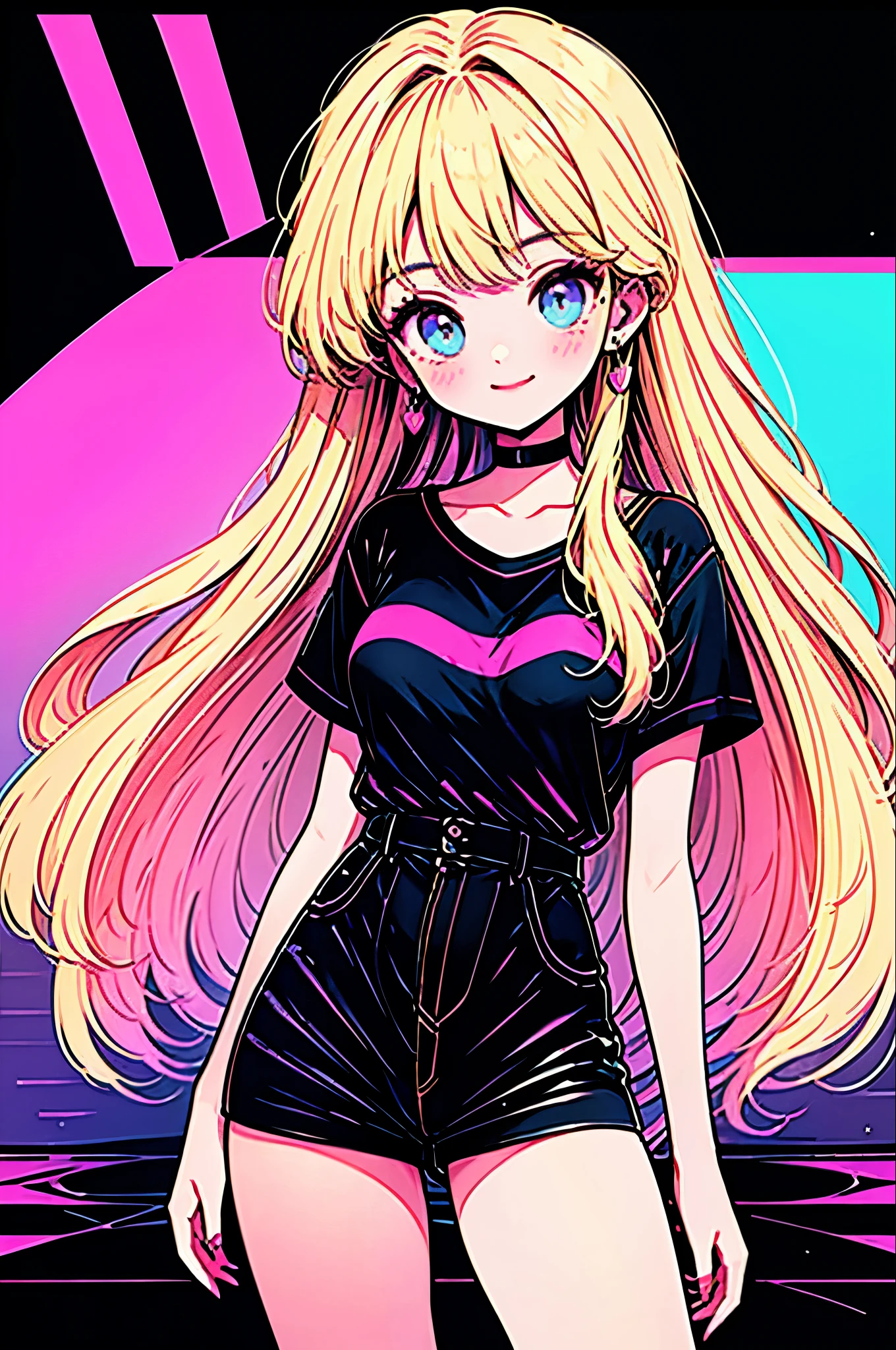 Highest quality,smile,woman,woman1人,cute,Long Hair,Blonde,Light blue eyes, Black T-shirt,Black shorts,Earrings,Black choker, Pink background,