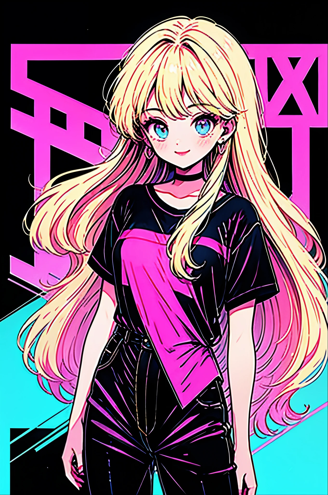 Highest quality,smile,woman,woman1人,cute,Long Hair,Blonde,Light blue eyes, Black T-shirt,Black shorts,Earrings,Black choker, Pink background,