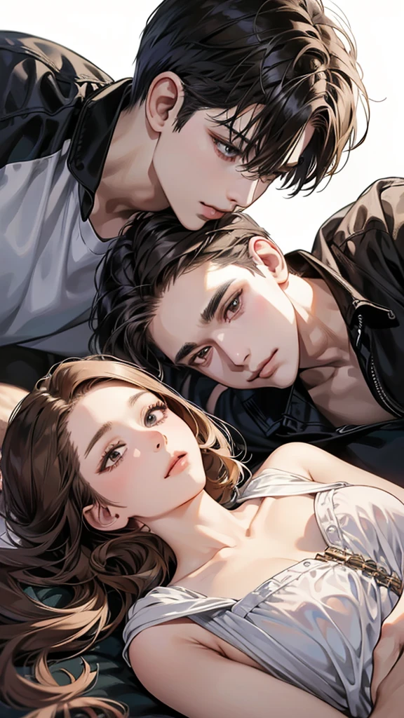 (masutepiece, Digital Art, Digital Illustration, 4K, 8K, Ultra-detailed, beautiful image, Sharp Image, Photorealistic, Raw photo, Perfect face, Perfect lines, Perfect eyes, Soft lighting) , a couple, 1 girl 1 boy, Hair color is different, Medium brown hair and brown eyes, Short black hair and gray eyes, Romance, Lie on the ground, Lip touch