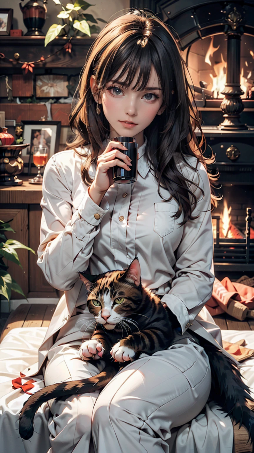 In the living room with a fire burning in the fireplace、A woman and a cat relaxing while drinking hot cocoa。She is wrapped in a blanket、The cat is sleeping on her lap for warmth