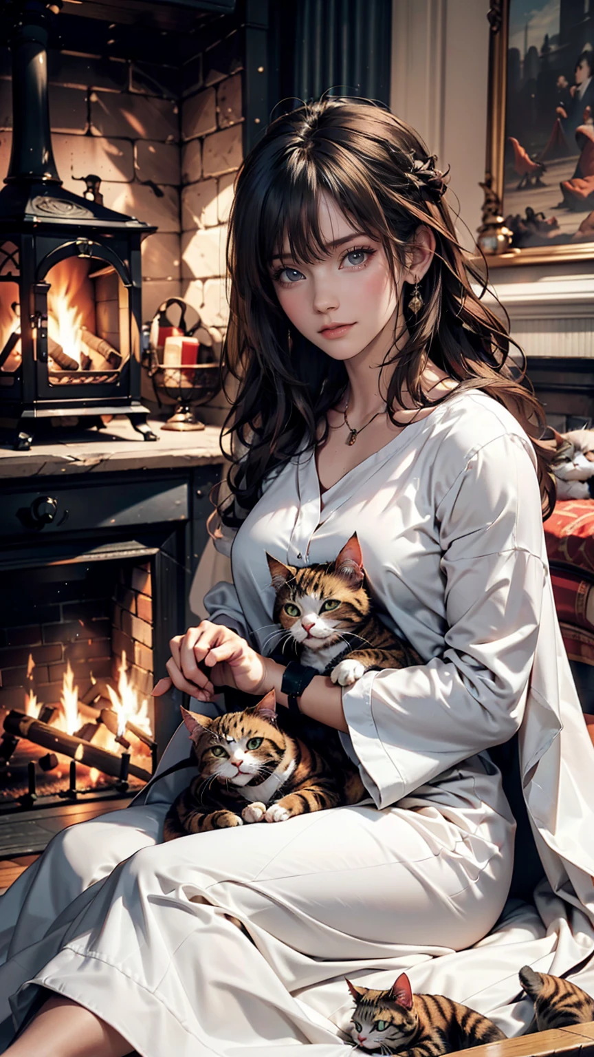 In the living room with a fire burning in the fireplace、A woman and a cat relaxing while drinking hot cocoa。She is wrapped in a blanket、The cat is sleeping on her lap for warmth