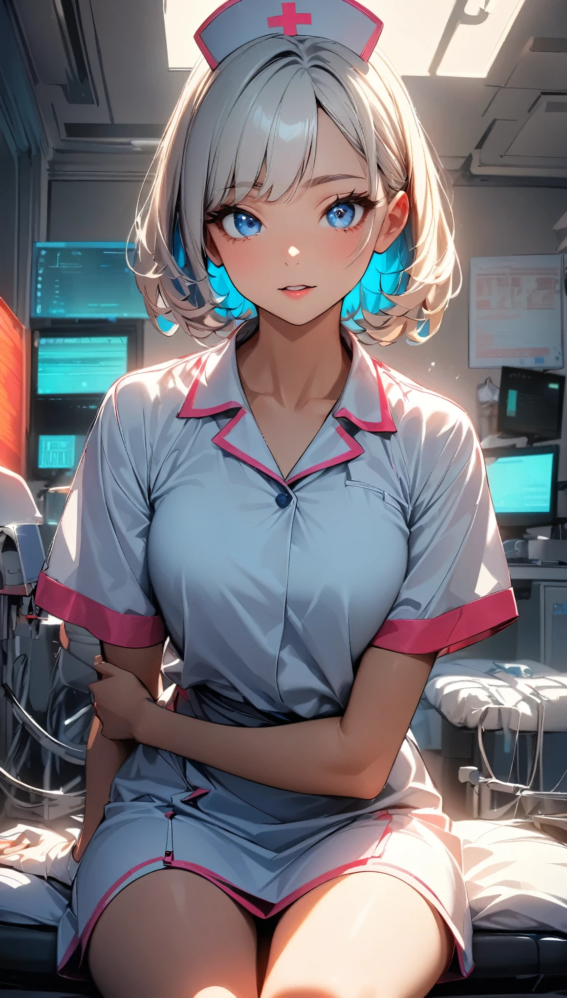 (Highest quality:1.2, Very detailed, up to date, Vibrant, 超High resolution, High Contrast, masterpiece:1.2, Highest quality, Best aesthetics), (((1 girl))), Beautiful nurse, With a big syringe:1.2, Carefully drawn medical equipment, Medical Uniforms, Professionalism, Bright colors, Soft lighting, Expressive eyes, Detailed lips, Long eyelashes, Pleasant atmosphere, confidence, Focus on the nurse, Positive Energy, Calm background, A nurturing presence, High resolution, Sharp focus.