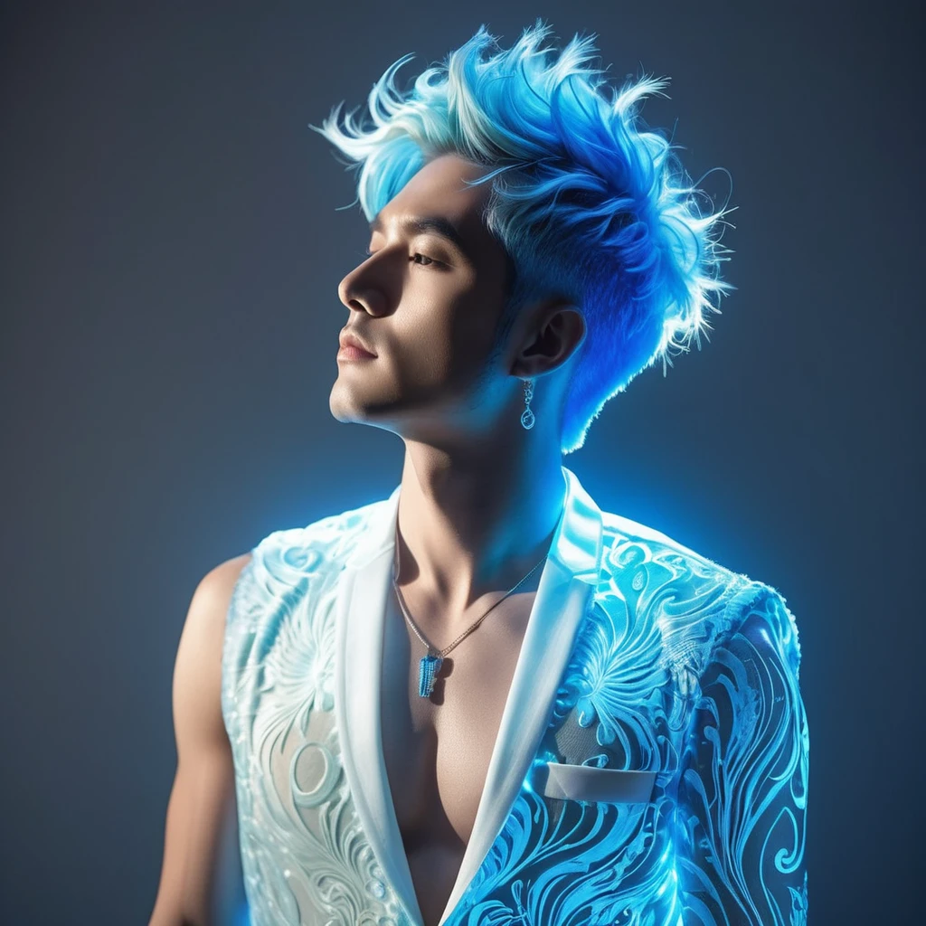 ((jewel_light element)), ( luminous man body_wearing a  blue toxedo groomsmen attire s:1.3), (man made of lightblue light: 1.2,  wavy blue hairstyle with delicate features and light:1.3), (minimalism: 0.5), (Frontal close-up angle above the waist: 1.3), 4K, HDR, acid graphics, fantasy work, [Detailed and vivid faces: 0.33], (white translucent glowing  blue hair: 1.3),,Silhouette outline and glowing in toxedo handsome man, Understated elegance .. A calm and dignified atmosphere provides a subtle sense of luxury... gray smooth texture, stylish pose, fluorescent, glowing tattoo, bioluminescent tattoo, glowing pattern. A man Wearing blue toxedo 