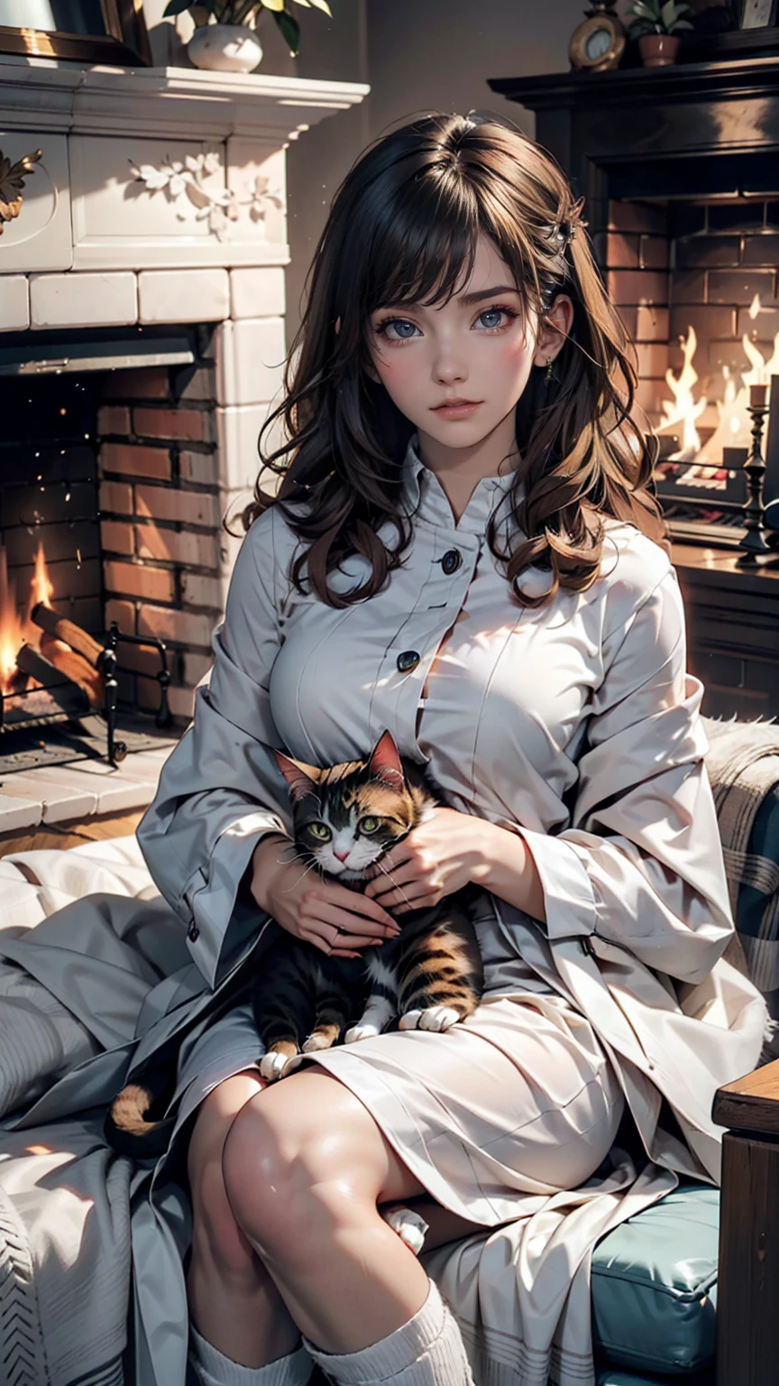 In the living room with a fire burning in the fireplace、A woman and a cat relaxing while drinking hot cocoa。She is wrapped in a blanket、The cat is sleeping on her lap for warmth