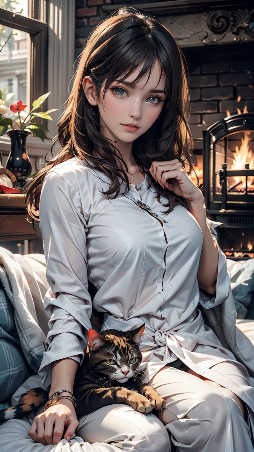 In the living room with a fire burning in the fireplace、A woman and a cat relaxing while drinking hot cocoa。She is wrapped in a blanket、The cat is sleeping on her lap for warmth