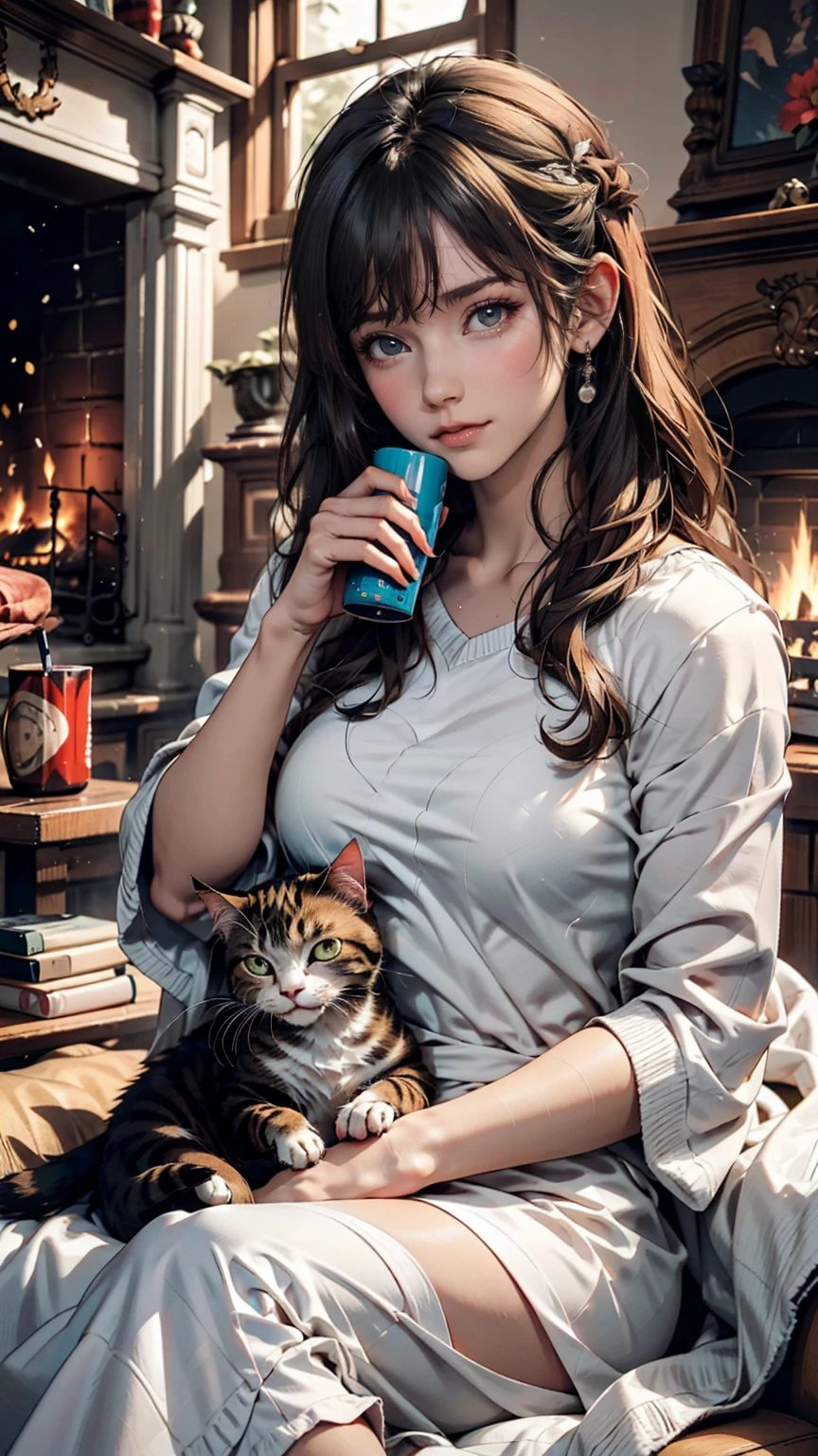 In the living room with a fire burning in the fireplace、A woman and a cat relaxing while drinking hot cocoa。She is wrapped in a blanket、The cat is sleeping on her lap for warmth