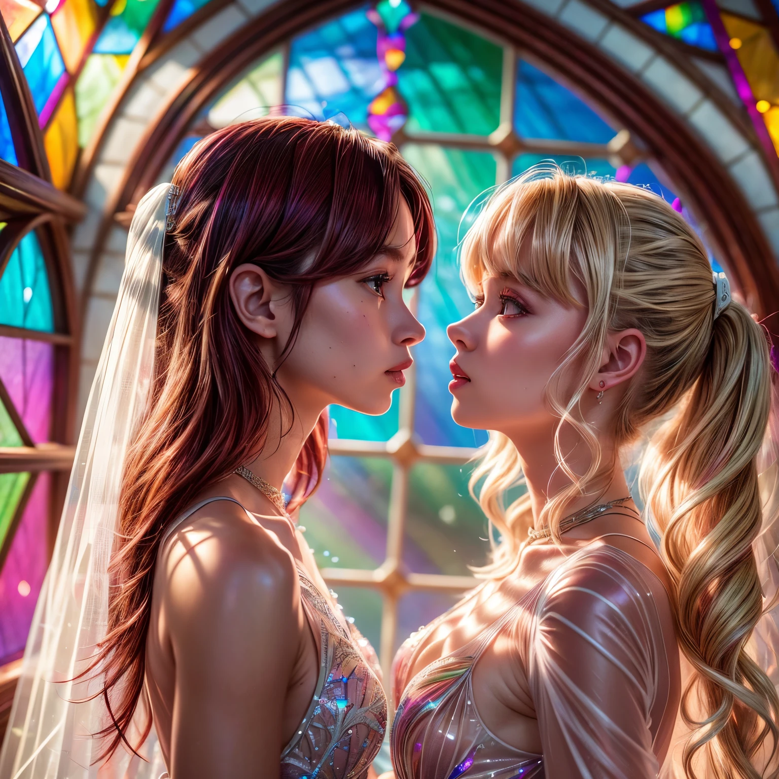 RubyRed (ZoomLayer) TopQuality 8K masterpiece of ((Professional photo)), (((Clarisse de Cagliostro))) (Detailed White WeddingDresses), Chain, Closeup of (Extremely detailed KAWAII face) {(VeiledFace)|BlondeHair|Detailed Sparkling BuleEyes}, The background is distant ((Elaborate stained glass)) Rainbow Glass, {MysticSight|EnchantingAtmosphere|(GodRays)|TyndallEffect}, Radiant PearlSkin with Transparency, (Exposed:0.38)