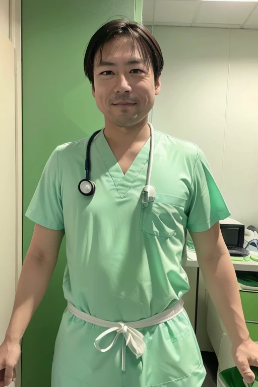 male, alone, (male性看護師), Short sleeve, (Medical scrub), Light Green Scrub, light green outfit,  (Photo Name Plate), Stethoscope, Medical equipment, (Bright hospital room), White Room, Are standing, Supporting, smile