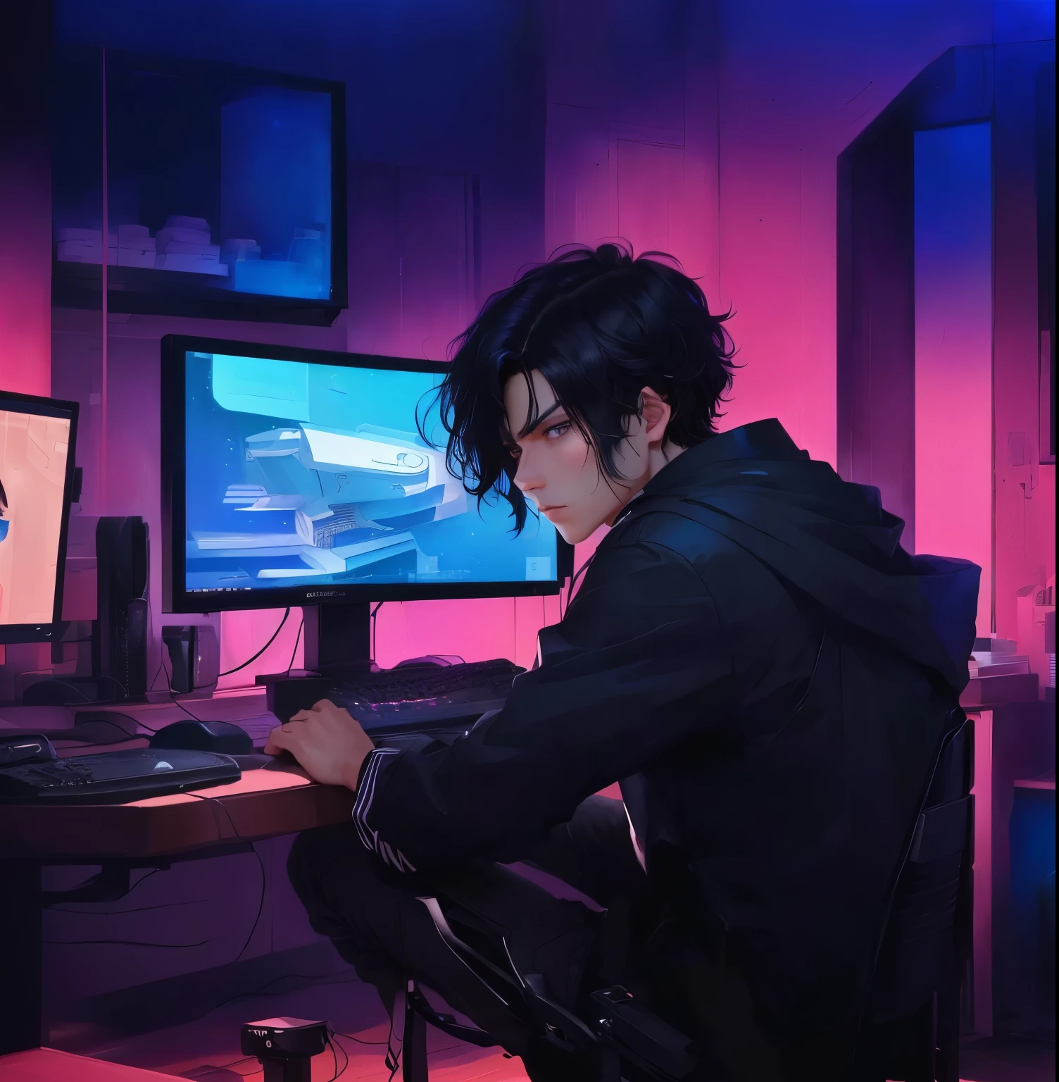 1boy, black hair, blue eyes, short hair, serious face , lovely face