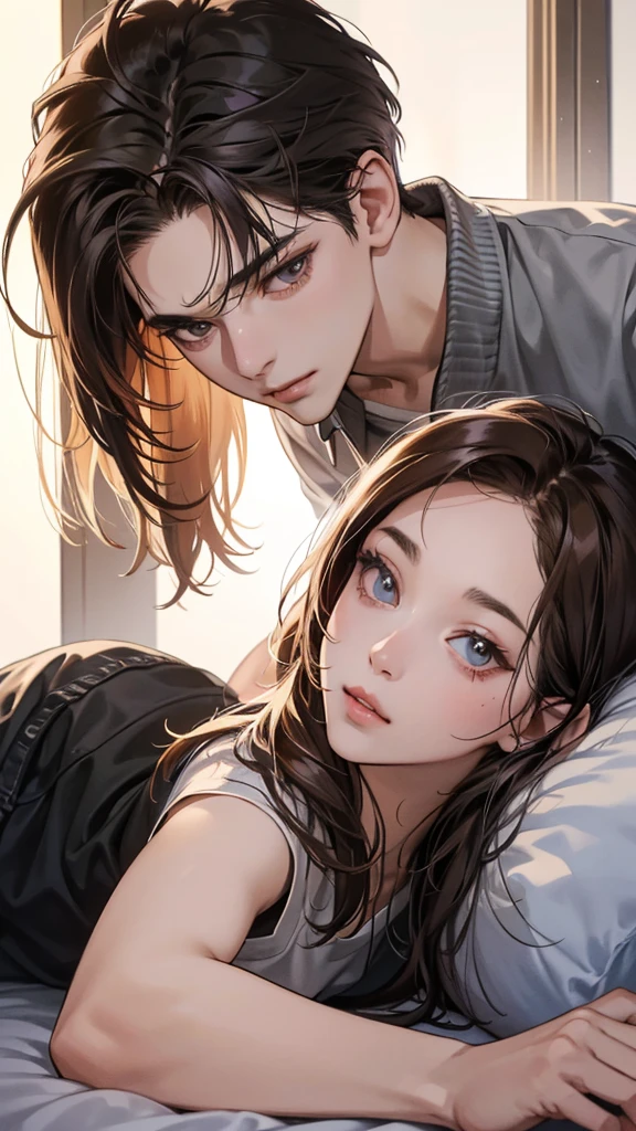 (masutepiece, Digital Art, Digital Illustration, 4K, 8K, Ultra-detailed, beautiful image, Sharp Image, Photorealistic, Raw photo, Perfect face, Perfect lines, Perfect eyes, Soft lighting) , a couple, 1 girl 1 boy, Hair color is different, Medium brown hair and brown eyes, Short black hair and gray eyes, Romance, Lie on the ground, Lip touch