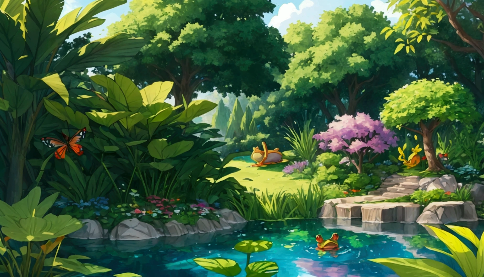 Draw a serene and peaceful lake, surrounded by lush and colorful plants. On one of the banks, a small frog is sitting, happy and satisfied. Around the lake, there are other friendly animals such as birds singing, butterflies dancing and dragonflies buzzing. Create a magical and enchanting scene that will transport children to a world of imagination and adventure!