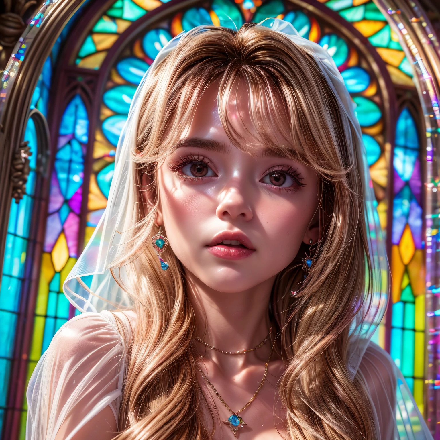 RubyRed (ZoomLayer) TopQuality 8K masterpiece of ((Professional photo)), (((Clarisse de Cagliostro))) (Detailed White WeddingDresses), Chain, Closeup of (Extremely detailed KAWAII face) {(VeiledFace)|BlondeHair|Detailed Sparkling BuleEyes}, The background is distant ((Elaborate stained glass)) Rainbow Glass, {MysticSight|EnchantingAtmosphere|(GodRays)|TyndallEffect}, Radiant PearlSkin with Transparency, (Exposed:0.38)