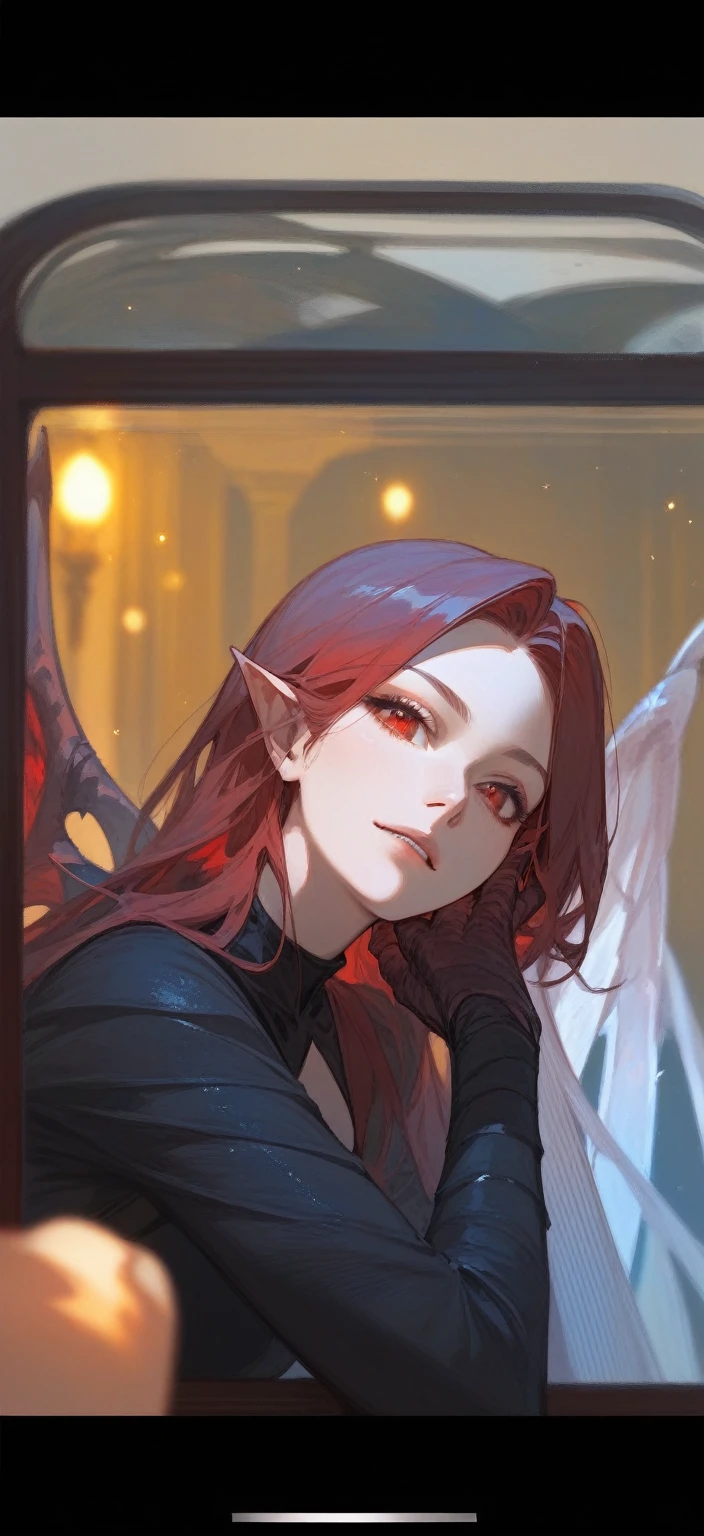 (score_9,score_8_up,score_7_up),1girl,girl demon,red hair,red eyes,wings,claws,black dress,beautiful_face,