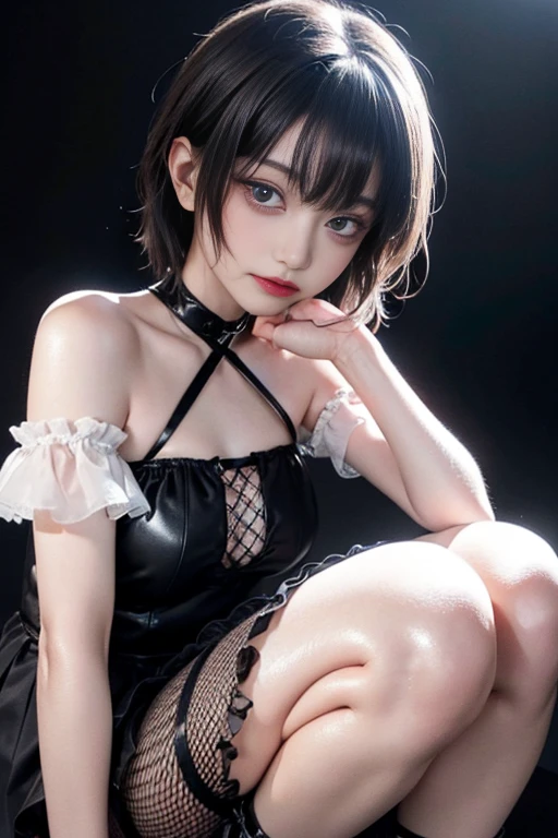 (8k、Best image quality、Highest quality、Accurate human body、Someone knowledgeable、Correct five-finger、4K - ultra-vivid、Highest quality, masterpiece, Ultra-high resolution, Detailed Background、The perfect background、
Oily skin, Glowing Skin、Realistic skin texture、Beautiful skin in every detail、Glowing Skin、Glowing Skin,
masterpiece)、
One Girl、Black hair twin tails、short hair、Wavy Hair、Blunt bangs、Purple eyes、Expressionless、Piercing modest chest、Pink frilly outfit、Off-the-shoulder strapless、Black mini skirt、((Fishnet tights))、Platform leather shoes、squat、
(((Dim lighting、Neon Light))),(Sit on a big black sofa、She looked up as if to snuggle up to me..、Night Patrol:1.2, Lounge Girl:1.3, Please sit right next to me:1.3, throw:1.2, drink alcohol)、(Drunk and bright red in the face、Drunk:1.3、mesugaki:1.3, Ahegao:1.3)