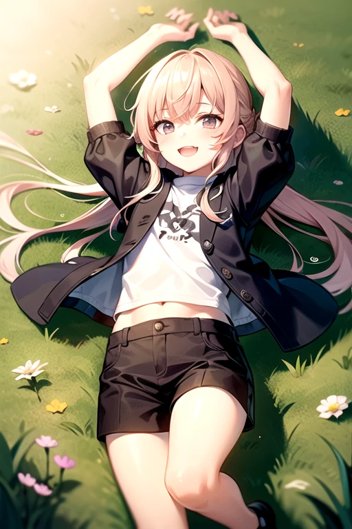 ((Highest quality)), ((masterpiece)), (detailed), 1人のboy、Shota、pants、smile、"god々Shii15歳の少年、has pink hair、grasslandに立ち、It exudes a refreshing and youthful atmosphere.。He is the son of a hero and a demon king.、She has both innocence and charm.。その姿はgod々Successfully、A balance of strength and gentleness、Shota、boy、grassland、god々Shii、Shinonome