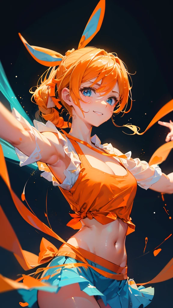 Highest quality, Very detailedな, Highest quality, Very detailed, beautiful, masterpiece, 8k,
picnic,Breaking colorful background, Refraction Glowing white lines ,Crossing Light,Woman with broken light particles, blonde, Long Hair, Braiding, (Hair Ribbon :1.2) , Orange Ribbon, Ribbon in hair, blue eyes, Very detailed目,Tank top, (orange shirt:1.5),( Blue mini skirt:1.1) ,Abdominal muscles, belly button
(Waltz:1.5), Upper Body, (great joy;1.5), (Wicked Smile:1.2) ,(Droopy eyes:1.1), (Gazing at the audience:1.5), ,(Ecstasy:1.3) ,(Vulgarity:1.3),(Wet:0.8),(Drooling:0.6),(Sweat:0.8),