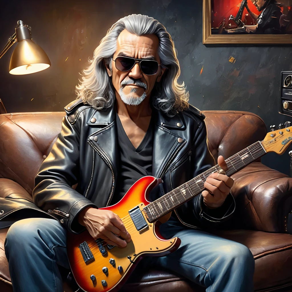 (old man:1.5), (grandfather rock-n-roller:1.2), (sitting on the couch:1.0), (long gray hair, holding an electric guitar:1.2), (vinyl records scattered in the background1.1), (clothes leather jacket with metal spikes and dark sunglasses:1.3),, best quality, masterpiece, detailed soft oil painting, detailed background, dramatic cinematic lighting, soft edge lighting, professional, dramatic lighting, hard edge lighting, ultra quality, 4k, masterpiece, best quality, 8k, ultra high definition, high resolution, extremely detailed