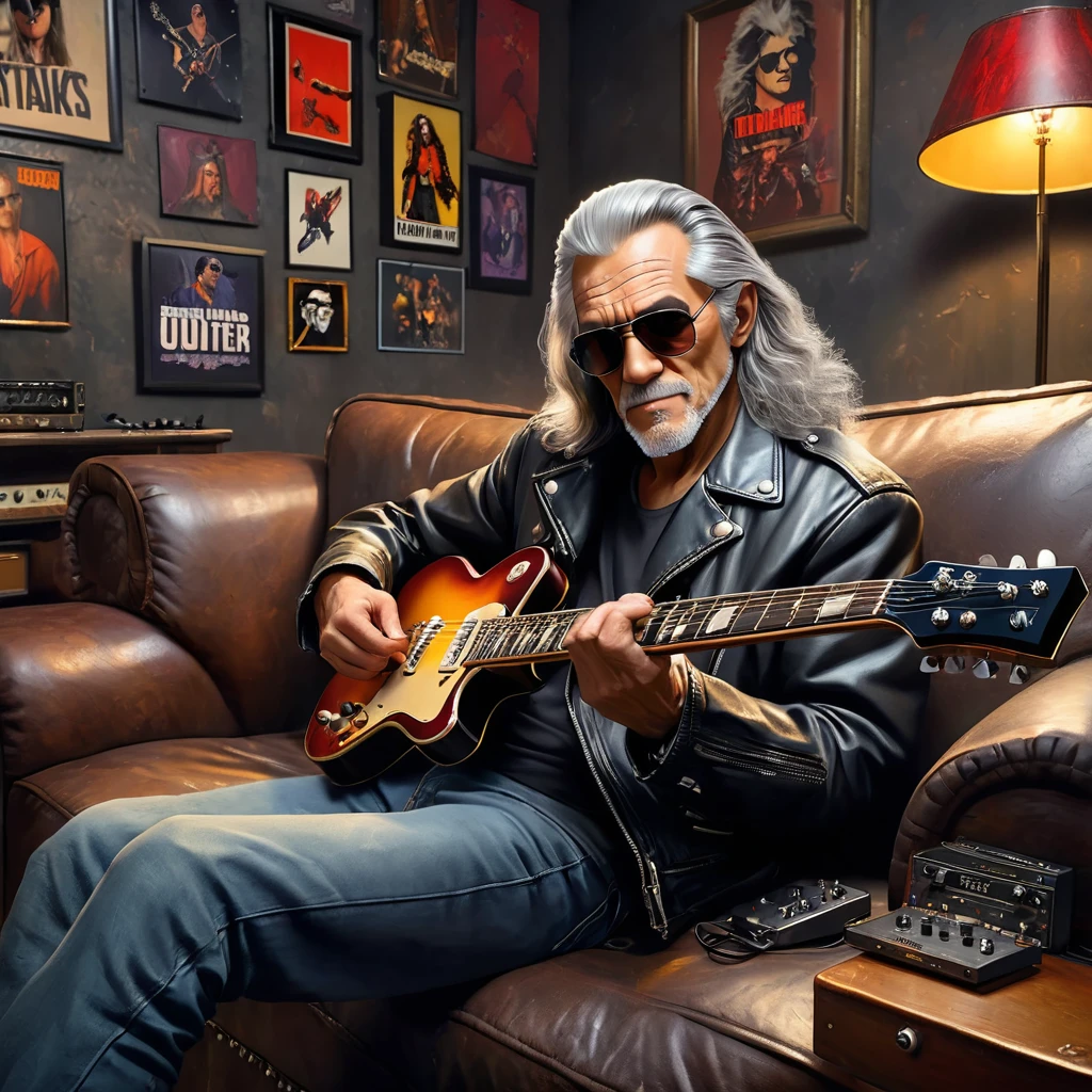 (old man:1.5), (grandfather rock-n-roller:1.2), (sitting on the couch:1.0), (long gray hair, holding an electric guitar:1.2), (vinyl records scattered in the background1.1), (clothes leather jacket with metal spikes and dark sunglasses:1.3),, best quality, masterpiece, detailed soft oil painting, detailed background, dramatic cinematic lighting, soft edge lighting, professional, dramatic lighting, hard edge lighting, ultra quality, 4k, masterpiece, best quality, 8k, ultra high definition, high resolution, extremely detailed
