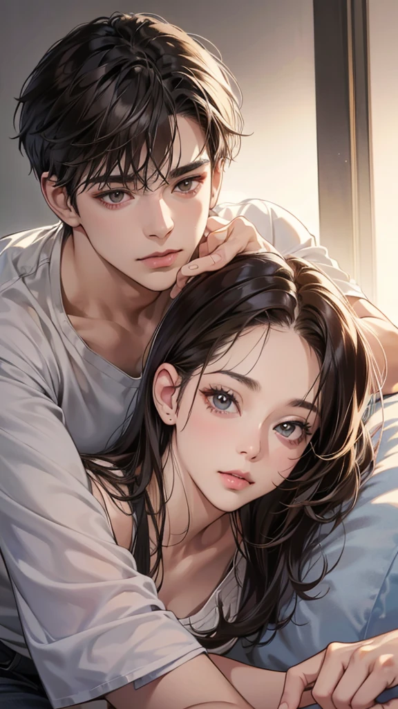 (masutepiece, Digital Art, Digital Illustration, 4K, 8K, Ultra-detailed, beautiful image, Sharp Image, Photorealistic, Raw photo, Perfect face, Perfect lines, Perfect eyes, Soft lighting) , a couple, 1 girl 1 boy, Hair color is different, Medium brown hair and brown eyes, Short black hair and gray eyes, Romance, Lie on the ground, Lip touch